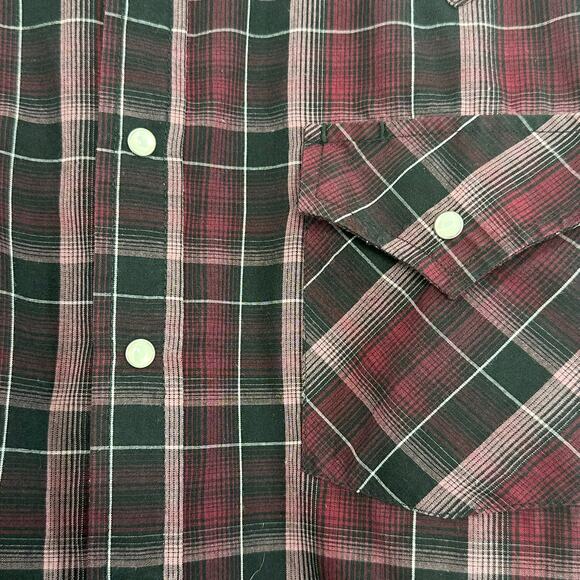 Vintage Ely Cattleman Western Shirt Mens Medium Pearl Snap Burgundy Black Plaid - Picture 3 of 6
